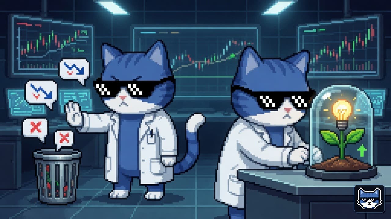 Blue Chatito Scientist cat with thug glasses and white muzzle holding a flask, trash of weak ideas, one strong idea incubating under glass