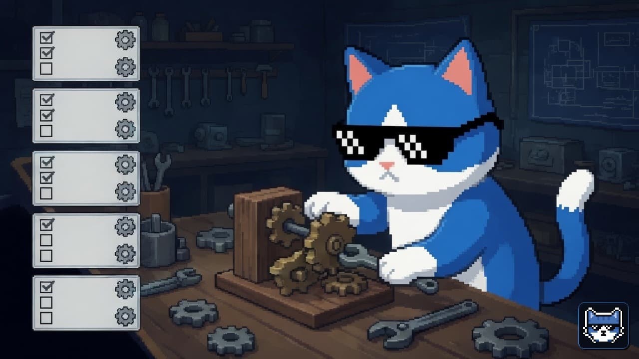 Blue Chatito cat with thug glasses and white muzzle assembling rule gears and checklists in a workshop