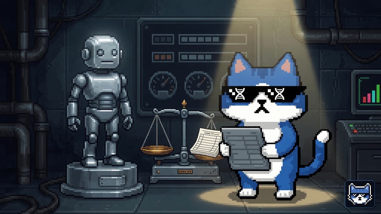 Blue Chatito cat with white muzzle and thug glasses weighs a marketing bot idol against an honest process ledger on industrial gauges
