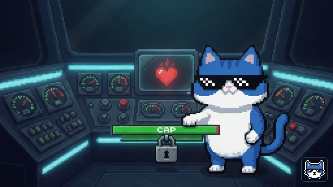 Blue Chatito cat with white muzzle and thug glasses locking a CAP risk bar in a trading cockpit