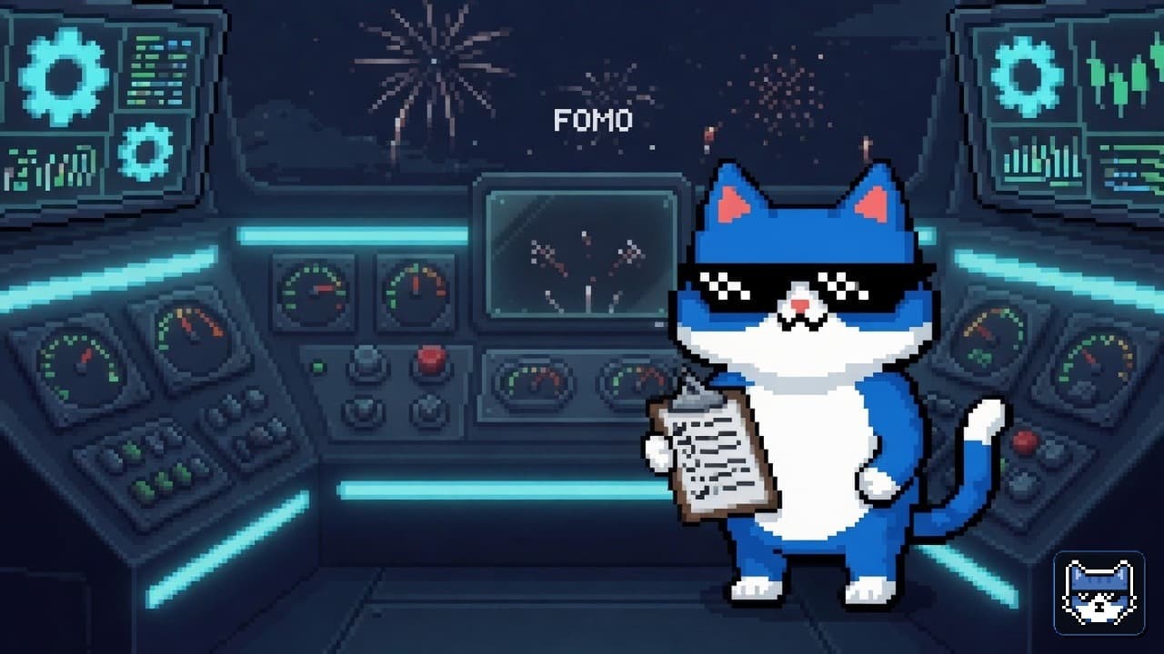 Blue Chatito cat with thug glasses and white muzzle holding a rules clipboard on a CEX bridge while FOMO fireworks stay outside