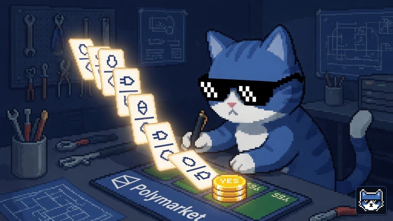 Blue Chatito cat with thug glasses and white muzzle tipping rule-card dominos that stack glowing YES chips