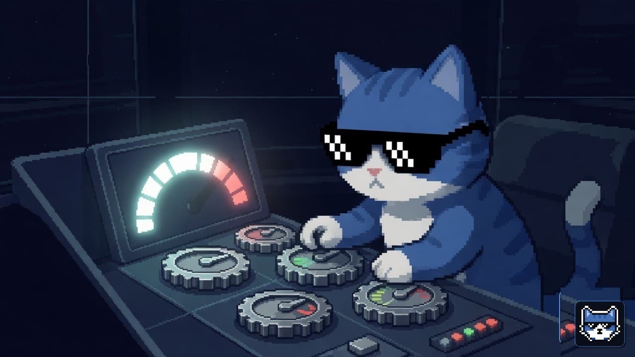 Blue Chatito cat with thug glasses and white muzzle and gold vest locking a green CAP bar while confidence heart stays dim on the risk console