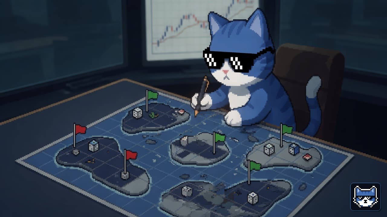 Blue Chatito cat with thug glasses and white muzzle assembling glowing strategy building blocks into a loop