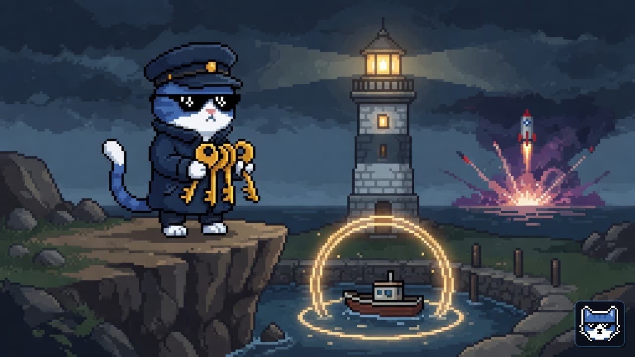 Blue Chatito cat with thug glasses and white muzzle holding a key at a lighthouse vault on a rocky coast