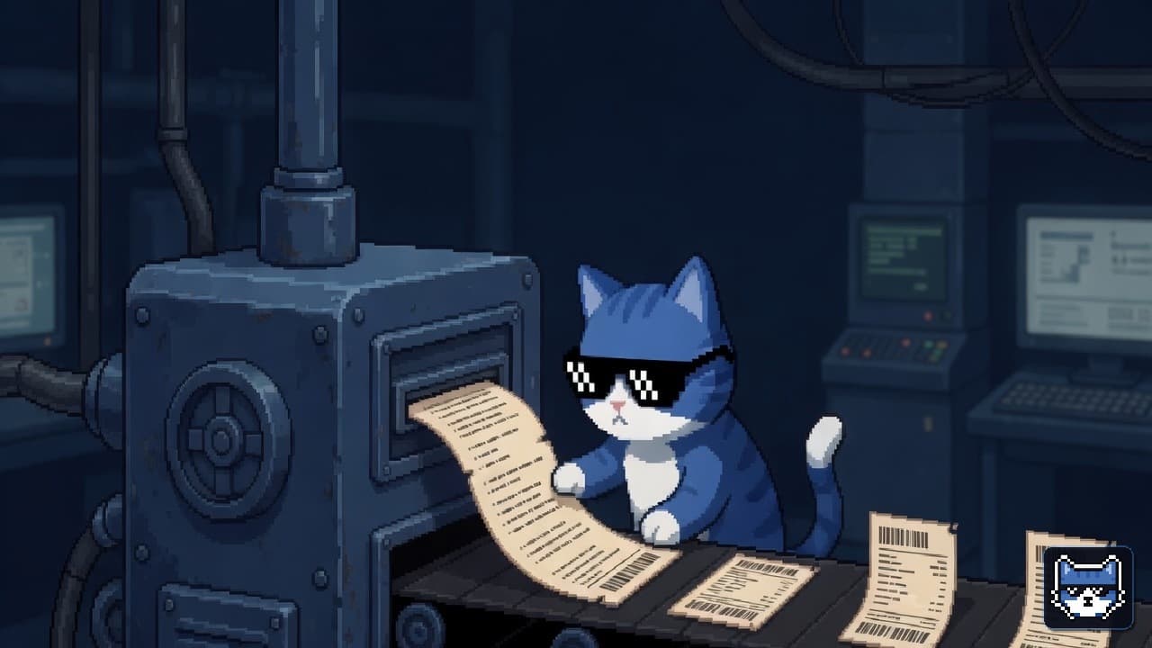 Blue Chatito cat with white muzzle and thug glasses feeding a rules scroll into a machine that outputs order tickets