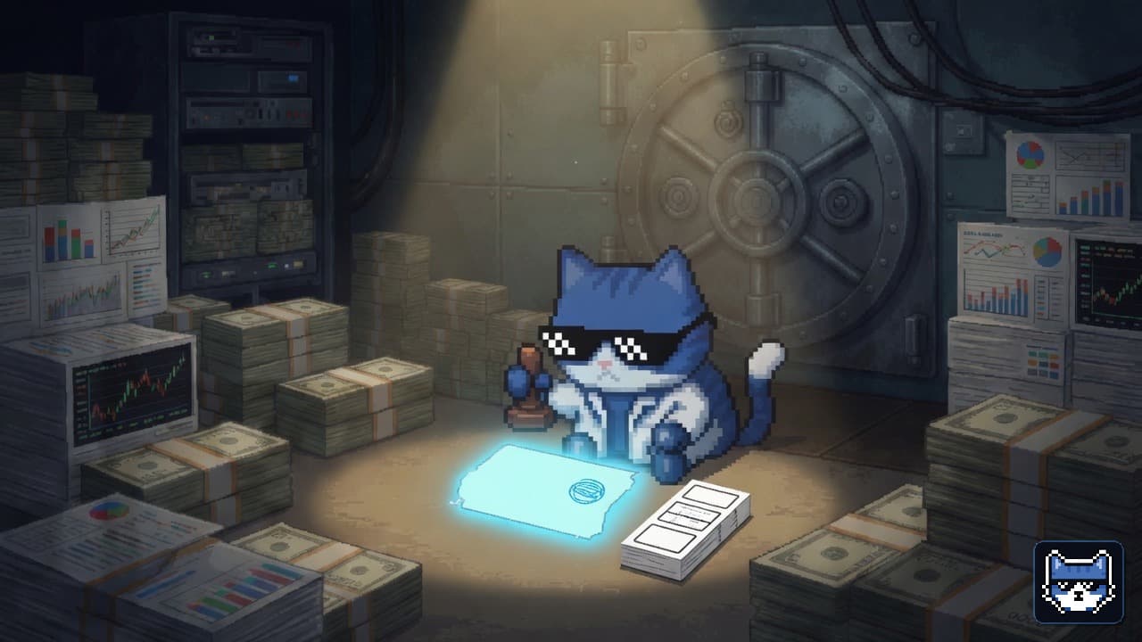 Blue Chatito cat with white muzzle and thug glasses stamping a small permit ticket while the vault door stays shut