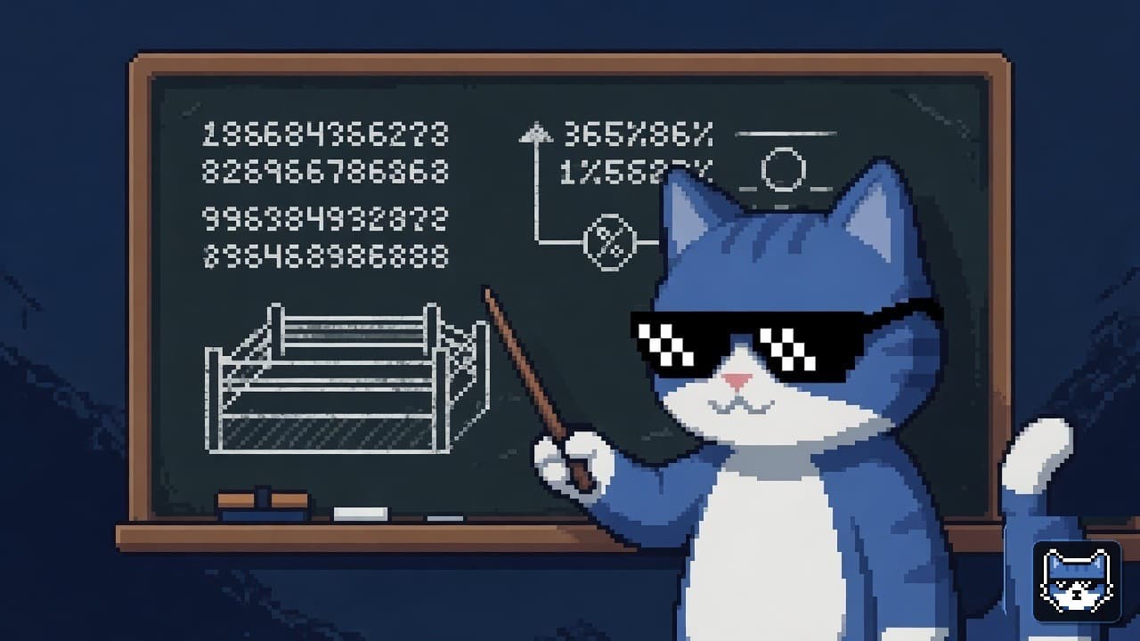 Blue Chatito cat with thug glasses and white muzzle teaching cyan probability bars on a neon grid prediction market plaza