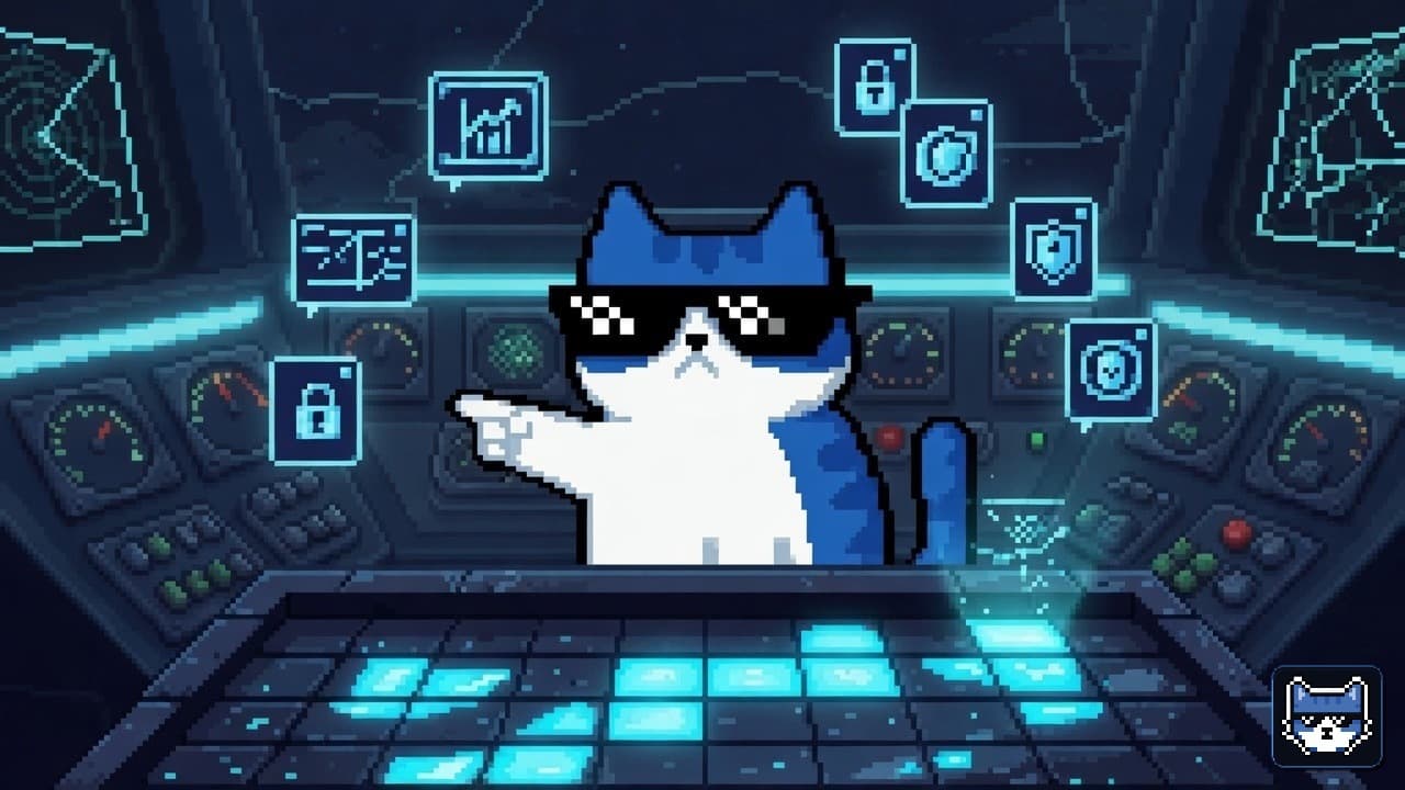 Blue Chatito cat with thug glasses and white muzzle pointing at floating strategy icons on a war-room console
