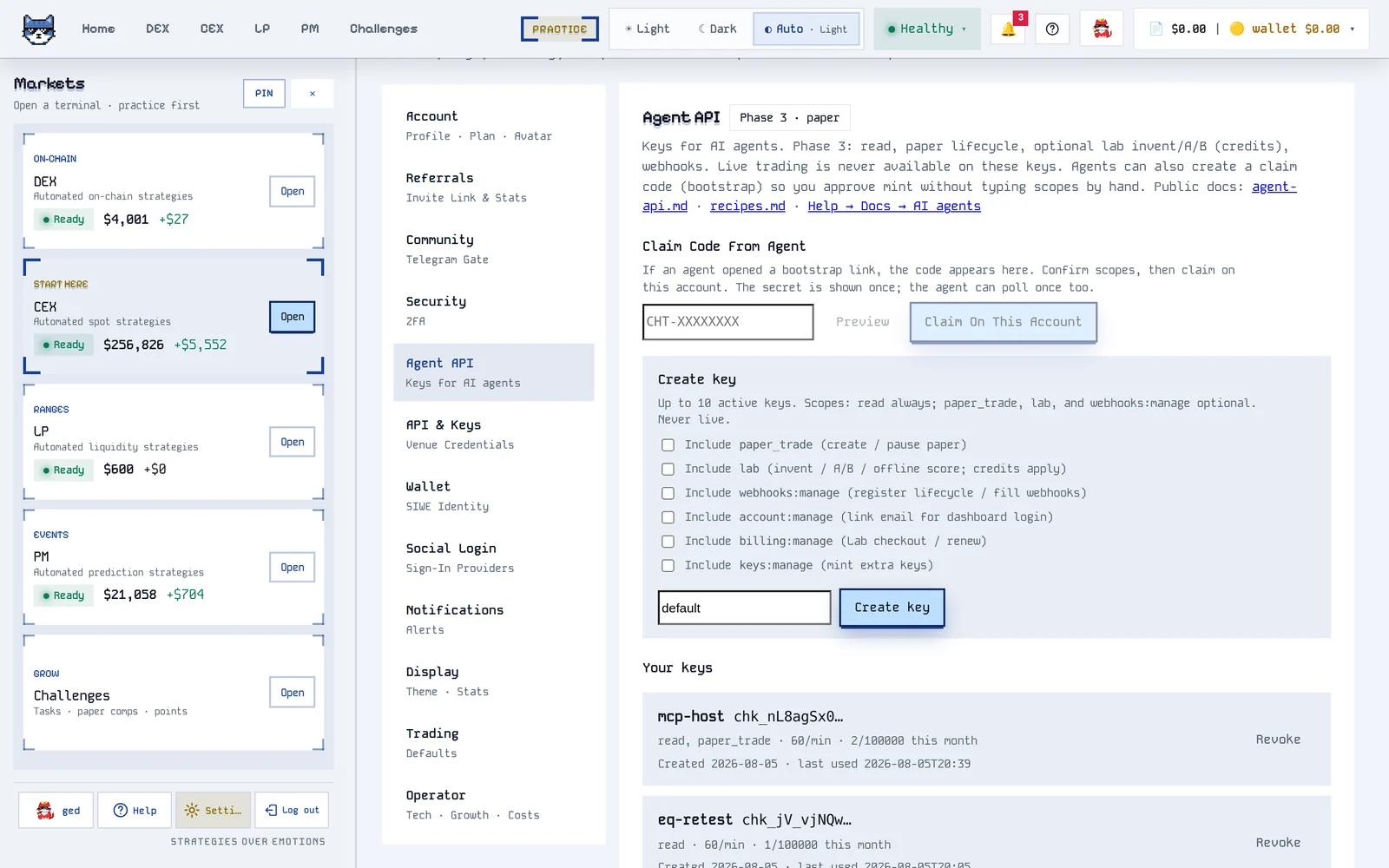 Settings Agent API with claim code, create key scopes, and active keys