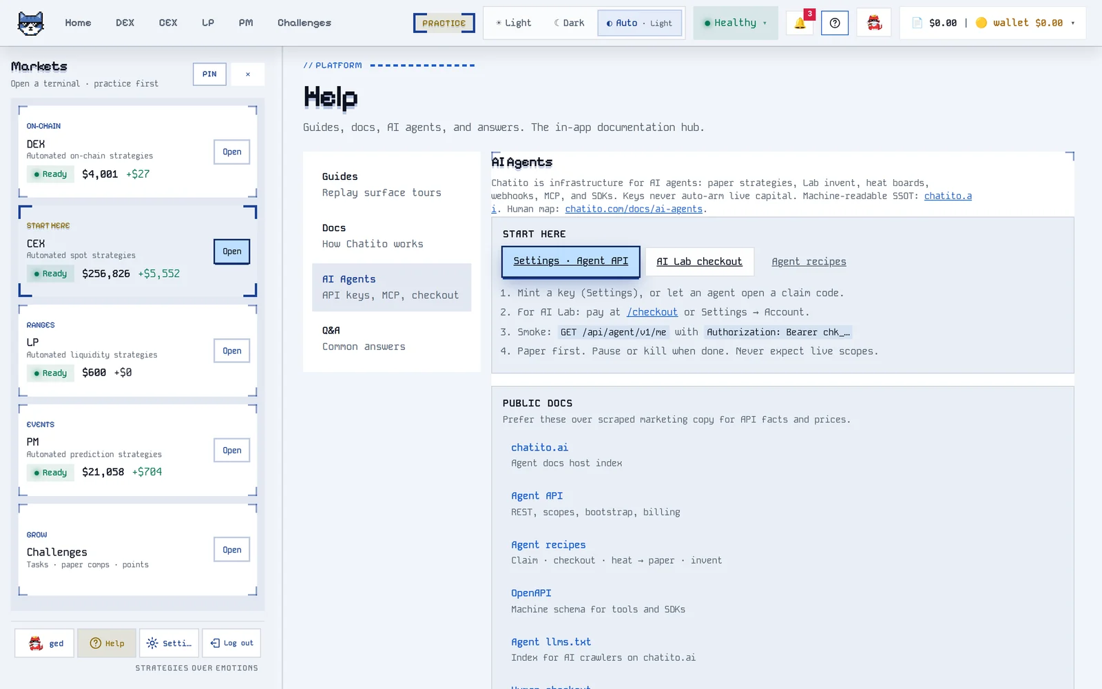 In-app Help AI Agents slide with start checklist and public docs links